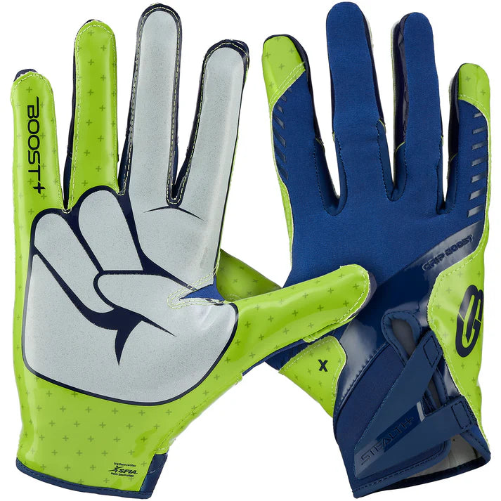 Grip Boost Peace Stealth 6.0 Boost Plus Football Gloves - LimeGreen/Navy - Adult Sizes